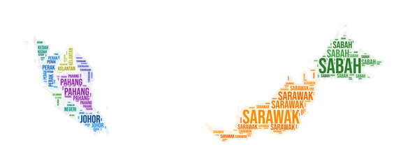 Malaysia region word cloud. Country shape design. Malaysia colored illustration. Region names collage cloud. Vector illustration.