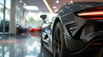Close up of a black car in a car dealership. Car suitable for automotive industry promotions. Back view of a black car on blurred background. Selective focus. Generative AI.