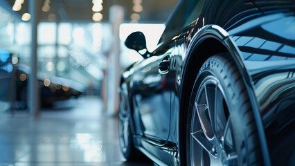  Close up of a modern sport car in a car dealership. Car  suitable for automotive industry promotions.  Back view of a black car, selective focus. Generative AI. 