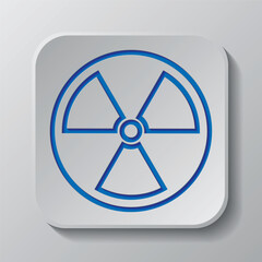 Radiation simple icon vector. Flat design. Paper cut design. Cutted blue symbol with shadow. Gray badge button, gray background