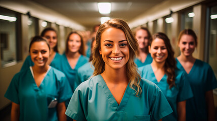 Fototapeta premium Portrait of an multiethnic group of happy medical students nurses in the teaching hospital. Generative AI 