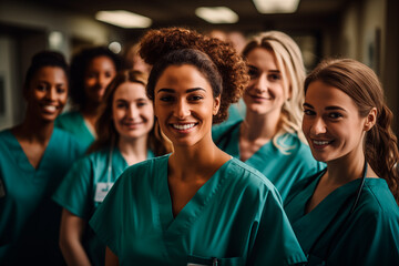 Fototapeta premium Portrait of an multiethnic group of happy medical female students nurses in the teaching hospital. They are smiling. Generative AI 