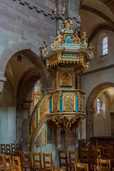 Selestat, France - 06 25 2024: View of the Baroque preaching pulpit in polychrome wood of St....