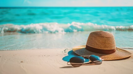 Serene Beach Scene with Straw Hat and Sunglasses for Travel and Vacation Concepts
