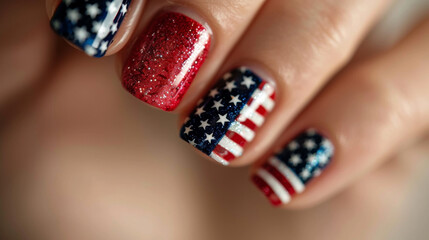 Nail art design. Closeup to woman hands with elegant American flag colors manicure. Beautiful patriotic Independence Day inspired manicure