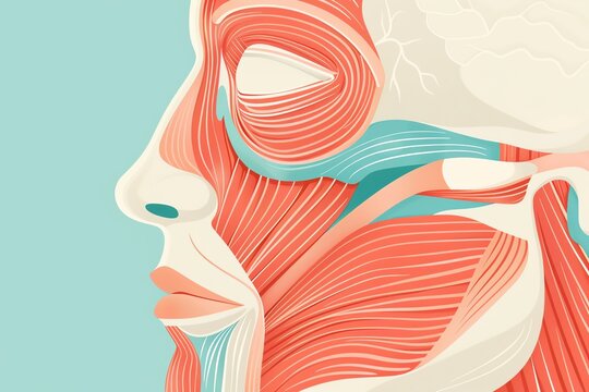 Detailed illustration of the layers of facial skin and muscles for educational purposes, facial anatomy, surgical planning