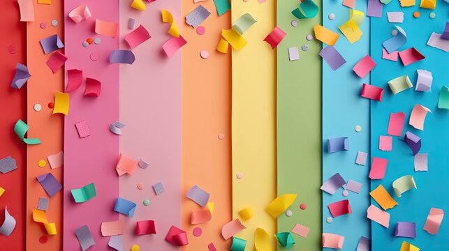 Papercut confetti on a vibrant rainbow background, bright and cheerful celebration