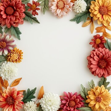 Fall flower frame, blank center, mums and fall foliage, vibrant and warm