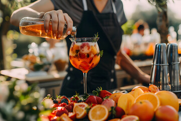 Bartender preparing a refreshing drink with fruit