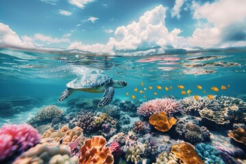 Fototapeta premium A turtle swimming in the ocean next to a coral reef