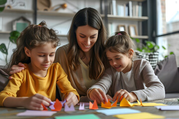 Mother and daughters craft with colorful paper