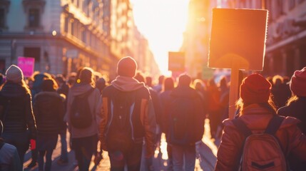 A large crowd of people march down a city street during sunset, holding signs and banners. The sun casts a warm glow on the scene, and the peoples faces are mostly obscured.