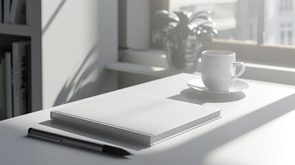 Fototapeta premium Clean Minimalist Workspace with Notebook and Coffee - Generative AI