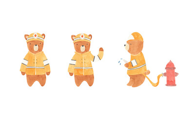 Firefighter bear in yellow uniform with helmet and hydrant - watercolor hand drawn illustration, isolated on white background bundle animal set for boy nursery decor room
