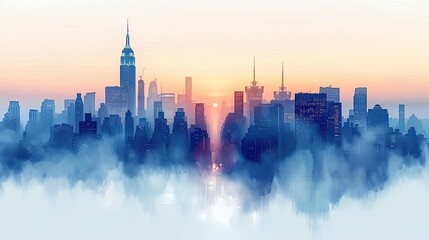 Cityscape with silhouettes of tall skyscrapers and office buildings. Panoramic landscape of the metropolis. Silhouettes of a modern city. Business district of the city. Vector illustration