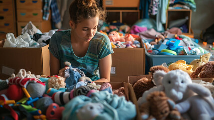 Teenager girl sorting and collecting kids toys, clothes into boxes at home. Donations for charity, help low income families, declutter home, sell online, moving into new home, recycling