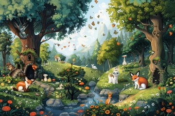 Lush forest scene with various animals such as foxes, rabbits, and squirrels. Butterflies flutter around, adding serene, animated atmosphere, stream flows through the vibrant, green landscape.