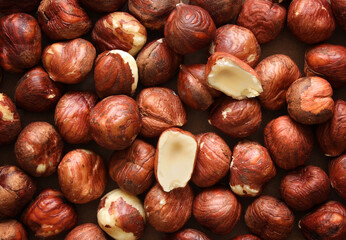 Creative layout made of hazelnut nuts. Flat lay. Food concept. Almond pattern concept.