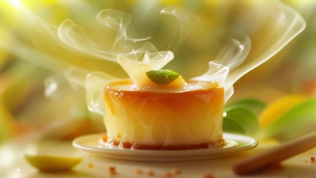 Fresh sweet cake dessert with a lot of steam coming out of it
