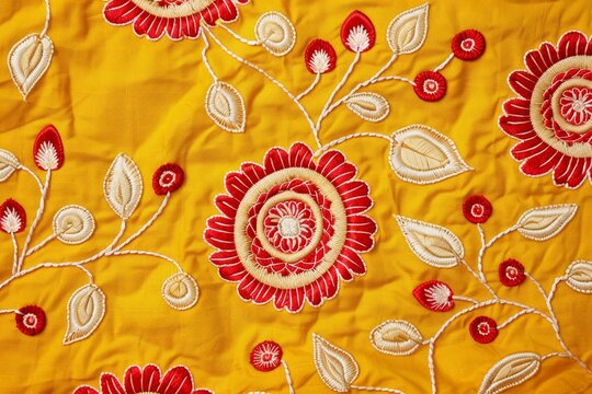 Bright yellow chunri fabric with intricate red and white circular floral designs