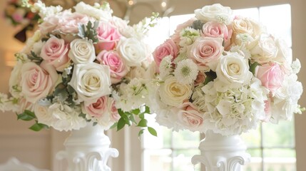 Obraz premium Two sophisticated white flower towers adorned with lovely white and pink rose bouquets