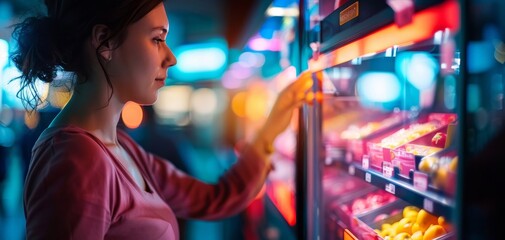 Obraz premium Customer using a selfcheckout kiosk in a supermarket, selfservice technology, streamlining shopping