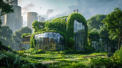 modern building, unusual architecture of the future, landscaping, a lot of greenery, plants, unity with nature, the concept of harmony with the environment, nature