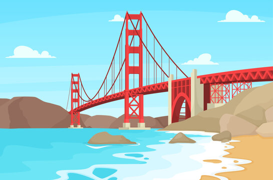 Golden Gate Bridge Vector Illustration. San Francisco Bridge Baker Beach California Vector
