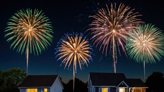 Colorful fireworks explode in the night sky above suburban houses, creating a festive and celebratory atmosphere, perfect for holidays and special events.