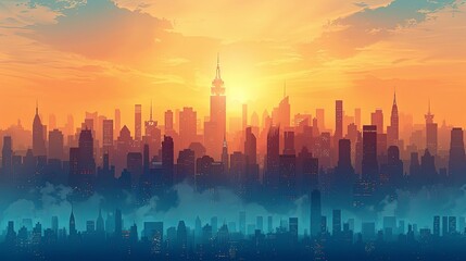 Fototapeta premium Cityscape with silhouettes of tall skyscrapers and office buildings. Panoramic landscape of the metropolis. Silhouettes of a modern city. Business district of the city. Vector illustration