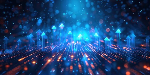 Abstract blue background with glowing arrows pointing upwards. Technology background