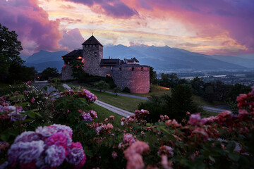Vaduz Royal castle in Liechtenstein. Scenic landscape of old medieval castle in Alps mountains in...