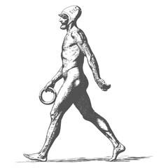 Fototapeta premium man walking with swim ring and swim cap with engraving style