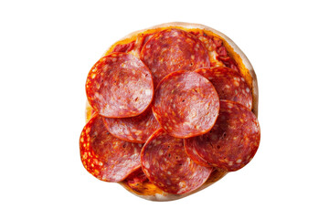 Delicious pepperoni pizza with a golden crust and savory toppings, isolated on white background. Perfect for food blogs and menu designs.