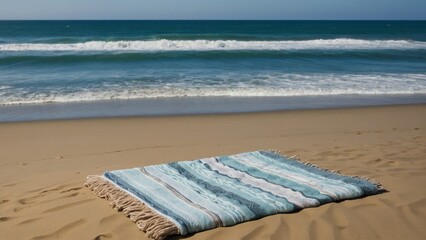 A beachfront scene with a woven blanket on sand, facing the ocean waves. Perfect for summer vacations, beach relaxation, and tranquil getaways.