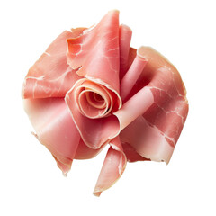 Elegant arrangement of thinly sliced cured ham shaped like a delicate rose for gourmet culinary presentation.