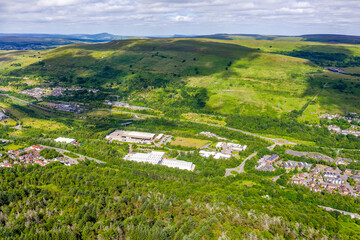Aerial view of a South Wales Valleys town surrounded by green hills (Ebbw Vale)