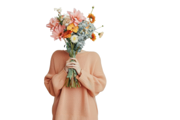 Person holding a bouquet of colorful flowers, head obscured, wearing a cozy sweater, isolated on a white background.