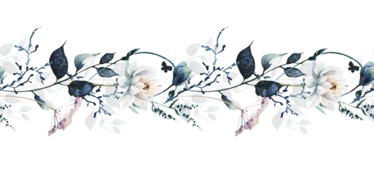 Watercolor painted floral seamless two sided border frame. White lotus flowers, dark blue and pink wild twigs, branches, leaves. Hand drawn illustration template. Watercolour artistic template design.