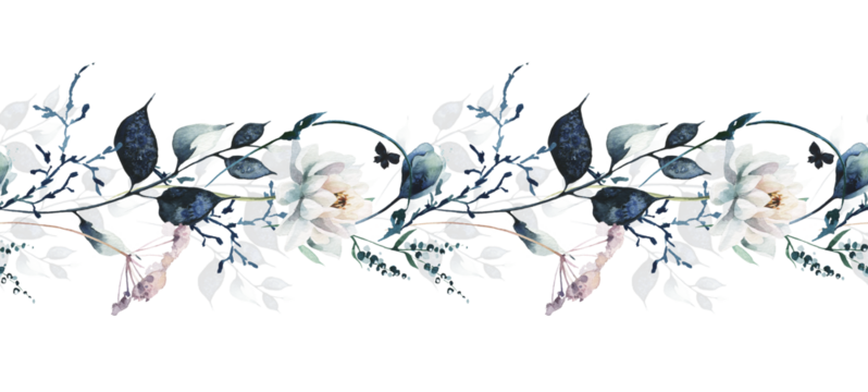 Watercolor painted floral seamless two sided border frame. White lotus flowers, dark blue and pink wild twigs, branches, leaves. Hand drawn illustration template. Watercolour artistic template design.