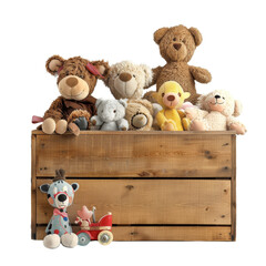 A collection of various colorful stuffed animals in a wooden crate, perfect for a kids' toy storage or a cozy nursery decoration.