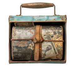A vintage cash box containing old paper money and a rusty metal pipe bound by leather straps.