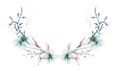 Watercolor painted floral symmetric wreath frame. Blue hydrangea flowers, pink, black wild meadow twigs, branches, leaves, moss. Hand drawn illustration template. Watercolour artistic template design.