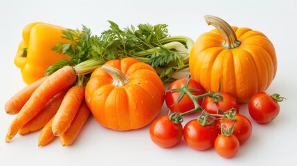Obraz premium Assortment of Fresh and Healthy Orange Vegetables Including Carrots, Bell Peppers, Tomatoes, and Pumpkins Isolated on a Clean White Background – Ideal for Nutrition, Health, and Cooking Themes
