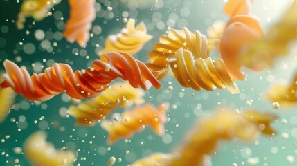 A bunch of pasta with yellow and orange strands are flying through the air