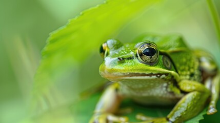 Naklejka premium Green frog blending into green background