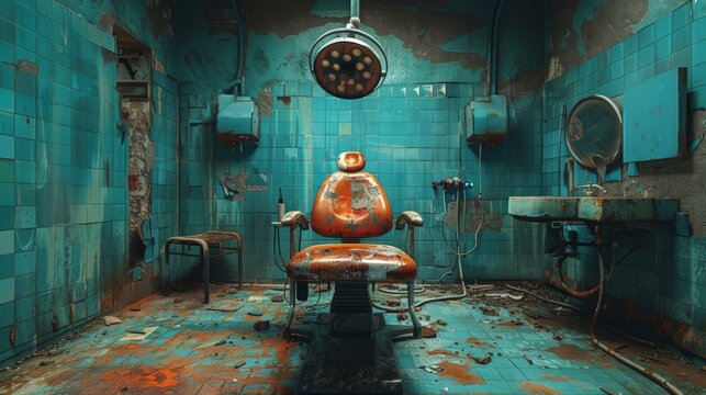 Abandoned torture hospital interior with operating equipment. Broken and dirty operating room.