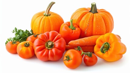 Obraz premium Assortment of Fresh and Healthy Orange Vegetables Including Carrots, Bell Peppers, Tomatoes, and Pumpkins Isolated on a Clean White Background – Ideal for Nutrition, Health, and Cooking Themes