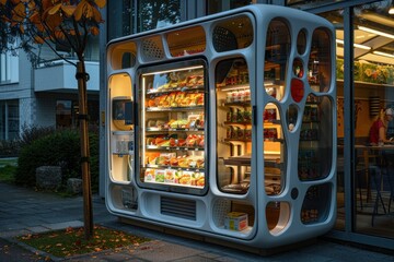 Obraz premium A vending machine with a green plant in front of it