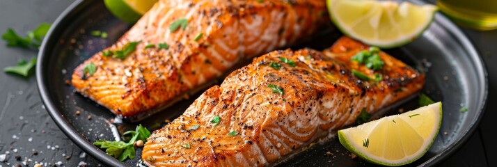 A seasoned and seared salmon fillet with a smooth and subtle avocado oil glaze adding a delicate touch to the dish.